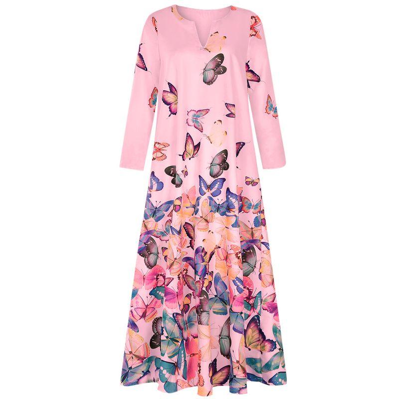 

European Station V-neck Ink Painting Pocket Long-Sleeve Dress Pink 4XL