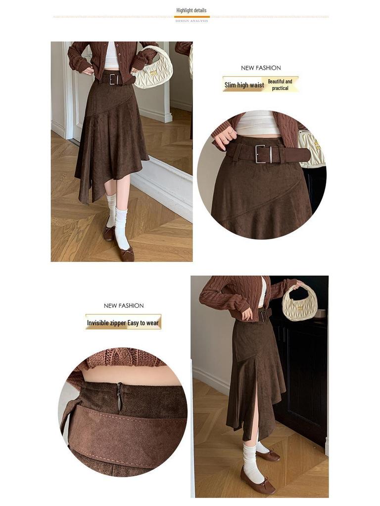 Elegant Suede Midi Skirt with Irregular Slit - Women's Autumn/Winter Fashion