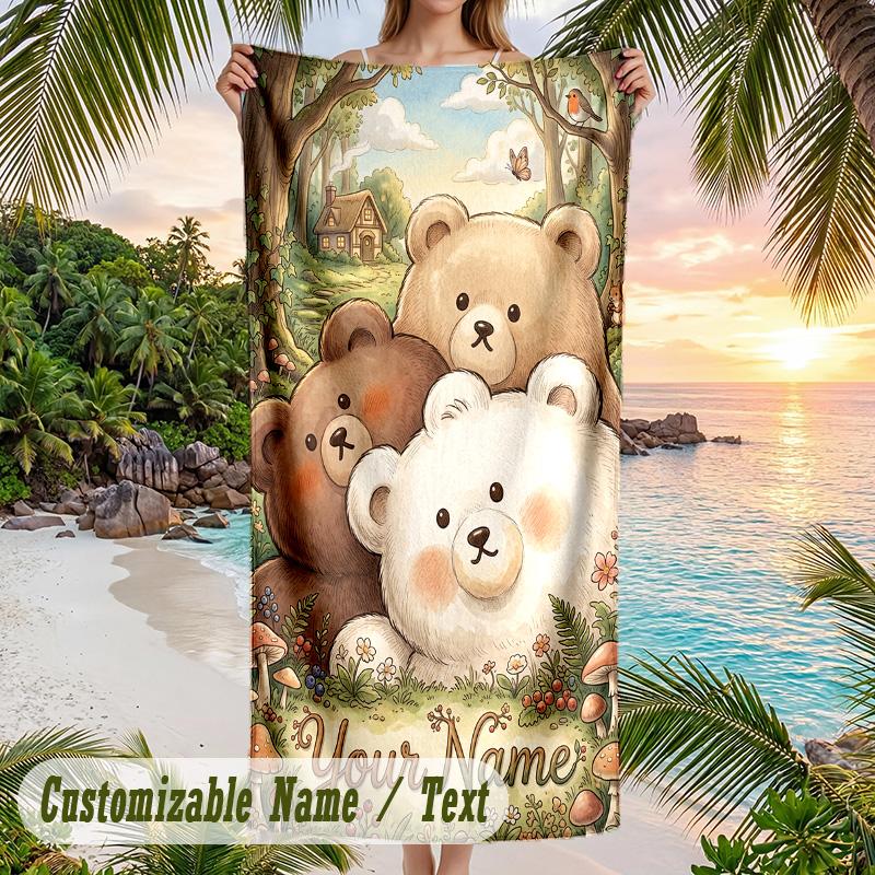 Teddy Bear Theme Beach Towel Personalized Custom Name & Text Soft Quick Dry Beach Towel for Swimming Travel