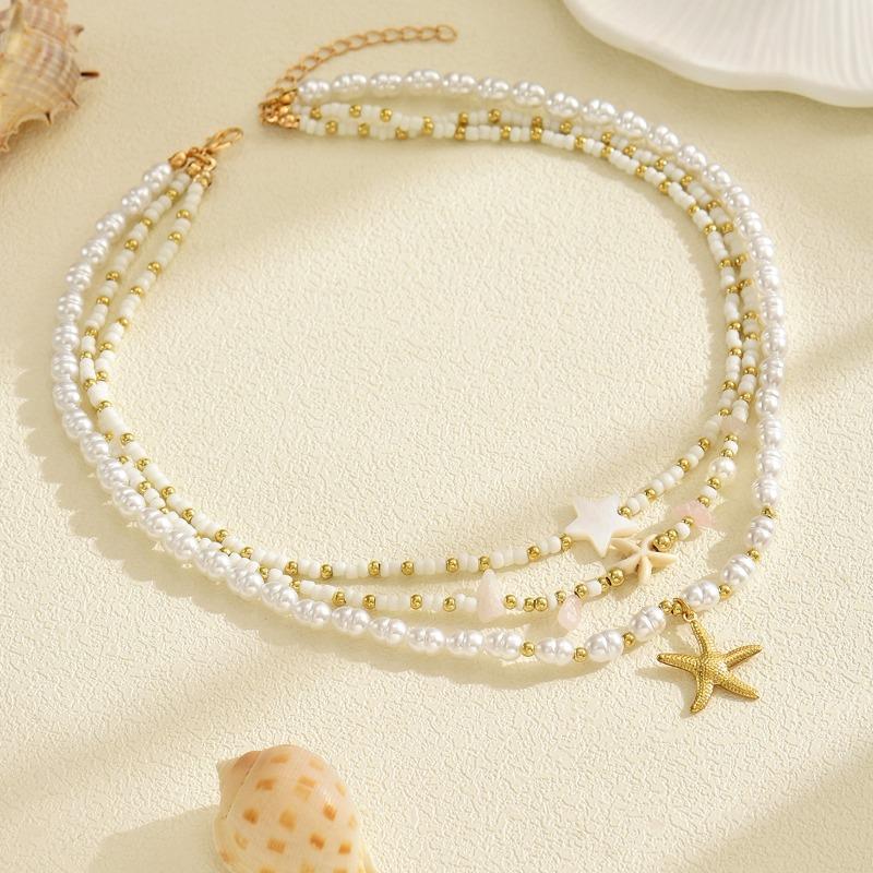 New, Bohemian Holiday Wind Rice Bead Starfish Necklace Light Luxury Niche Pearl Jewelry Necklace