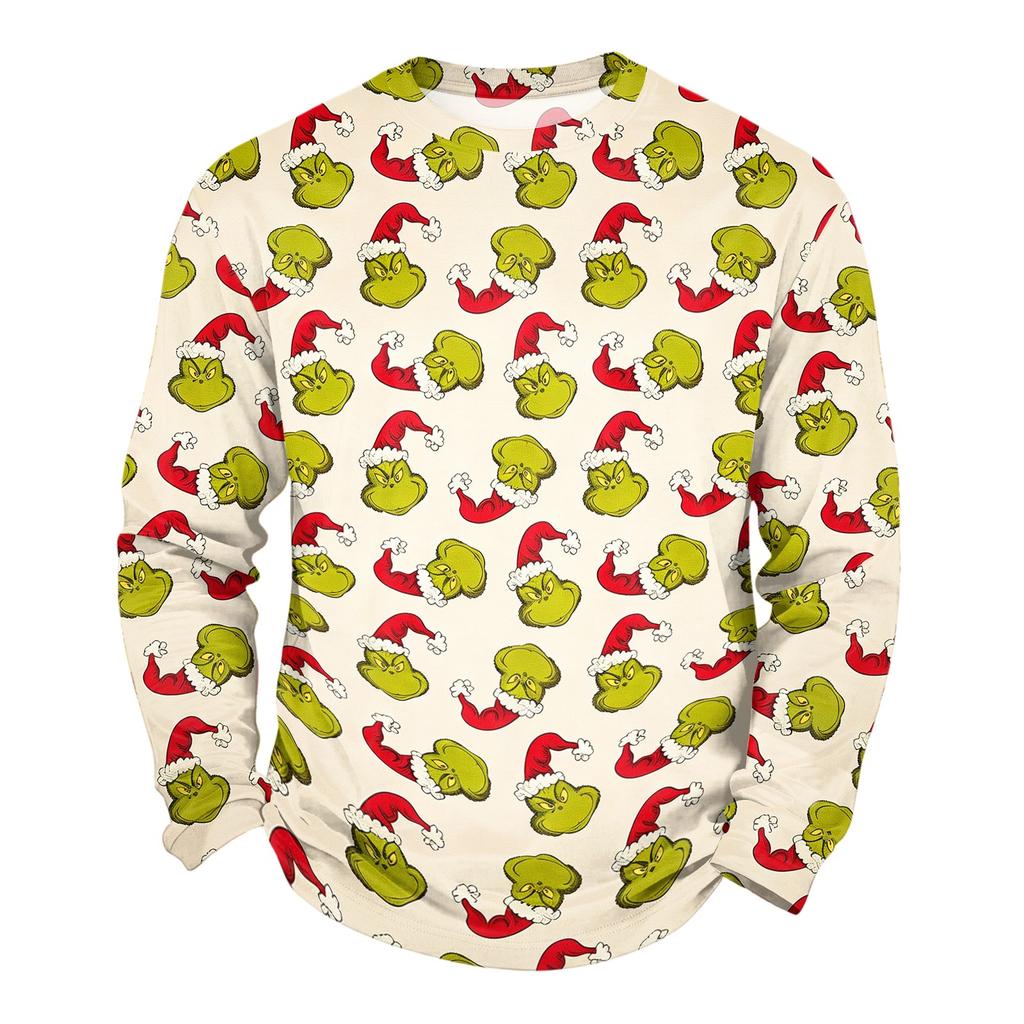 Men's Plus Size Loose Fit Casual Neck Long Sleeve T-Shirt with Christmas Print for Fall and Winter