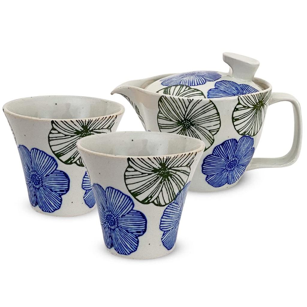 Kunzan Kiln Teapot Hasami Made In Japan Pair of Tea 240ml and for with Tea Floral Blue J-kitchens Set, Ware, (Teapot, Teacups, Set), 140ml, 1-2