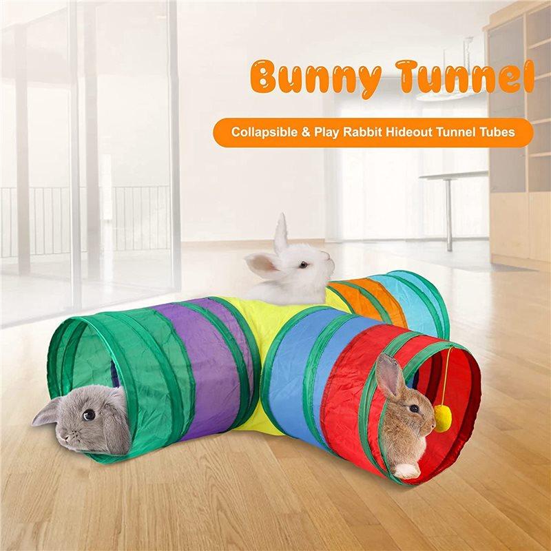 Premium-2X Bunny Tunnels & Tubes Collapsible 3 Way Bunny Hideout Small Animal Activity Tunnel For Dwarf Rabbits Bunny Kitty