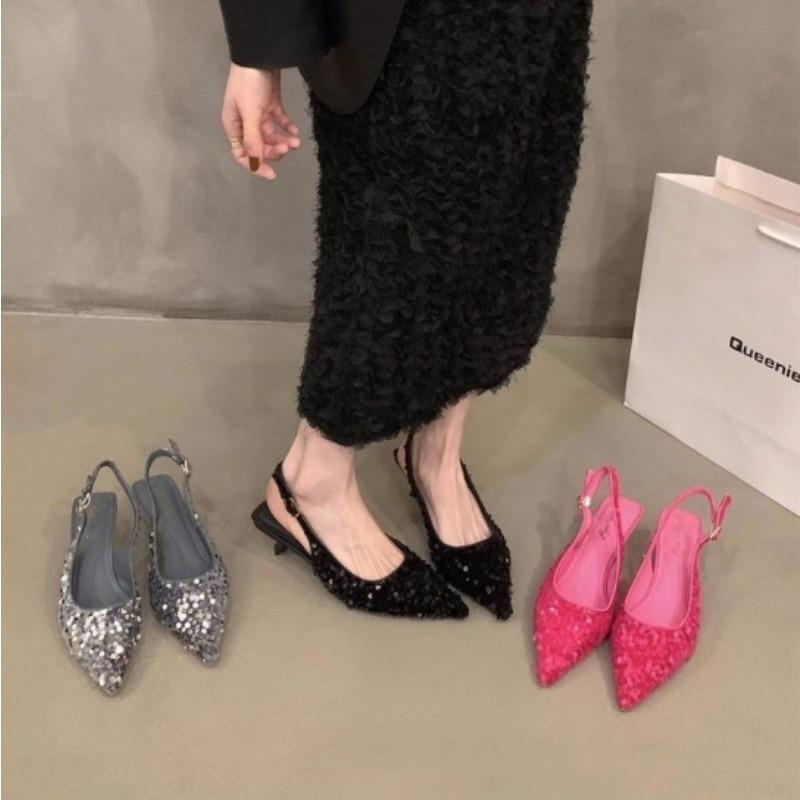 Fashion New Style Luxury French Fashion Pointed Sandals Burgundy Patent Crisscross Straps Metal Decor Slim Heels Open-Back Fairy Sandals