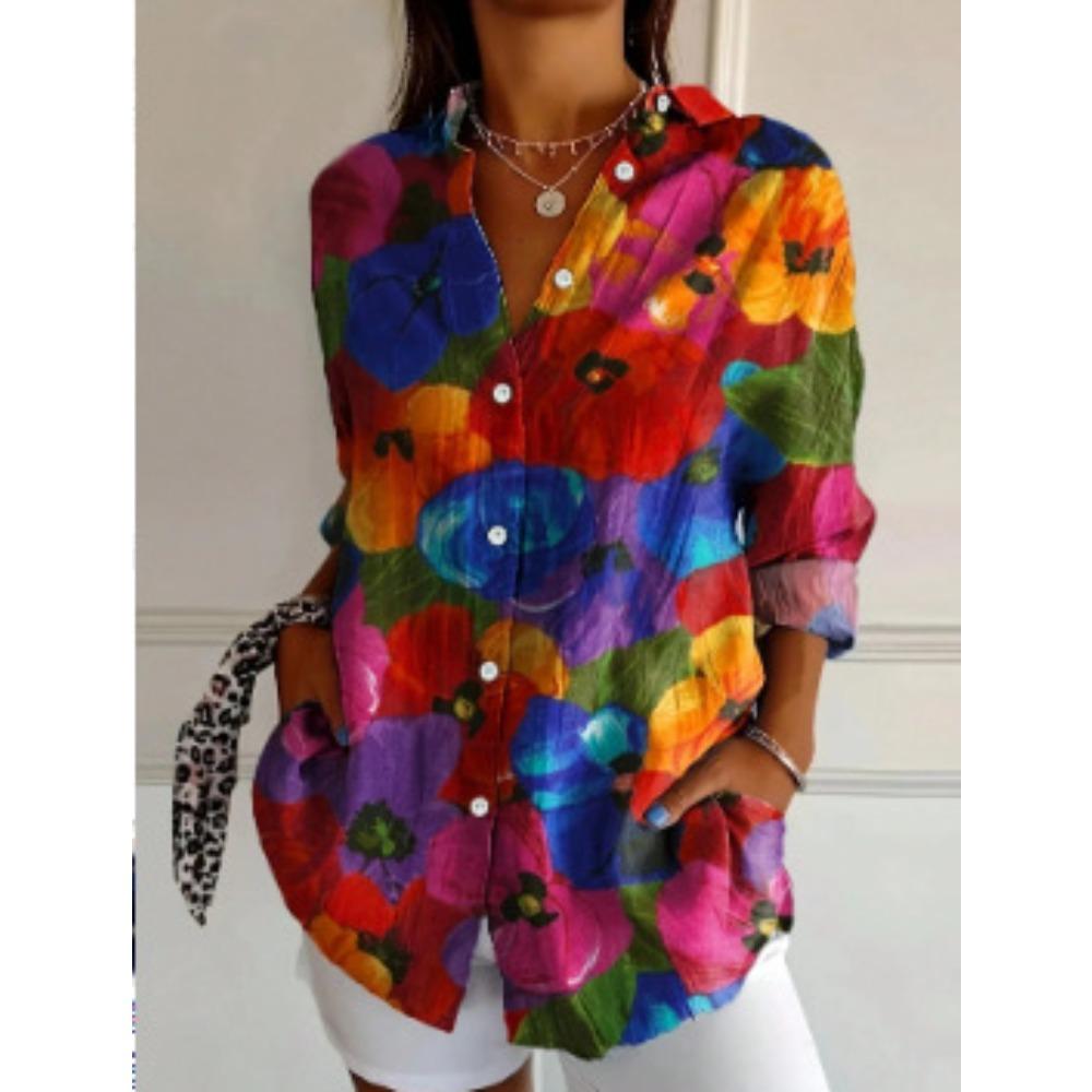 Plus Size Women Long Sleeve Button Shirt Solid Floral Casual Comfort Blouse