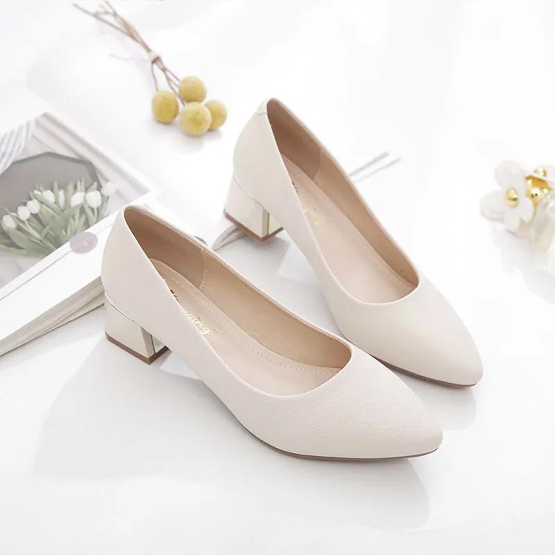Spring and Summer Four Seasons New Pointed Thick Heel High Heels Women's Mature Casual Professional Dress Work Shoes Women's Single Shoes