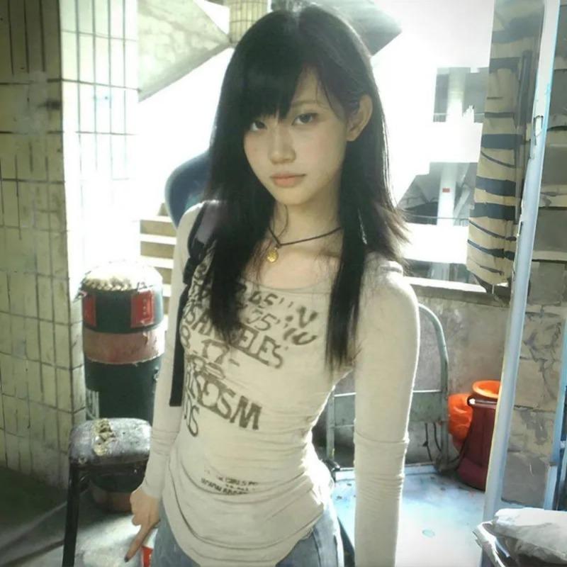 2KWEIRD Japanese Y2k Letter Print T-shirt Trashy 2000s Style Long Sleeve Ribbed Tops Vintage Harajuku Streetwear American Retro