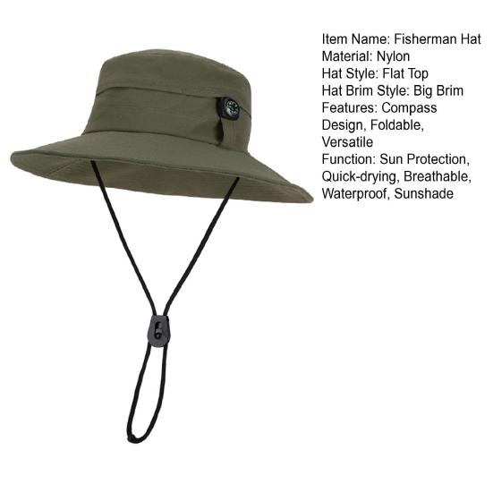 Fisherman Hat Adjustable Size Wide Brim Quick Drying Bucket Hat with Compass Design Foldable Outdoor Sun Protection Hat