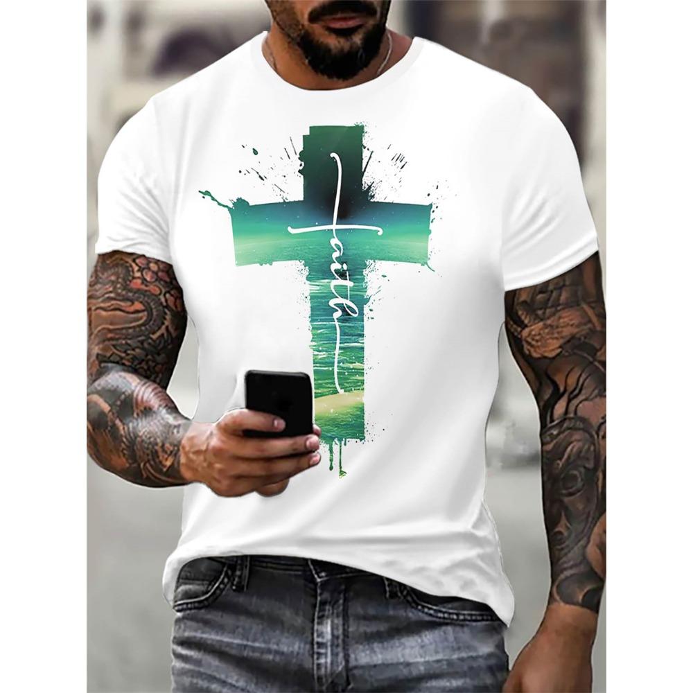 Christian Mens Clothing T Shirts Oversized T Shirt Gothic Jesus Christ Cross 3D Print O-Neck Tops Vintage Hip Hop Short Sleeve