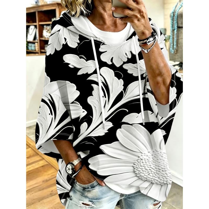 White Daisy Texture Loose Drop Sleeve Hoodie