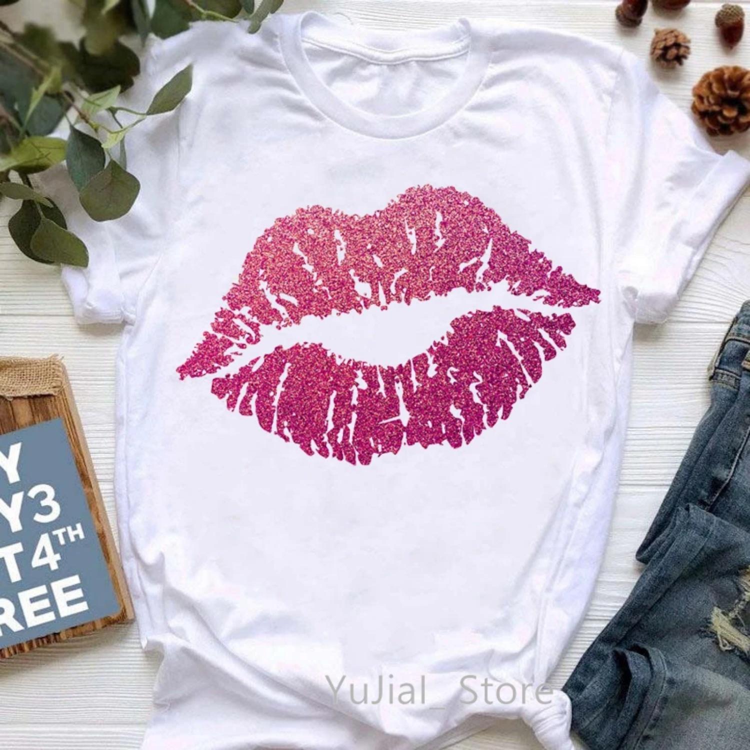 

Pink Glitter Lips Print T-Shirt Women S Clothing Summer Fashion Tshirt Femme White Style T Shirt Female Harajuku Shirt Wholesale XXXXXL