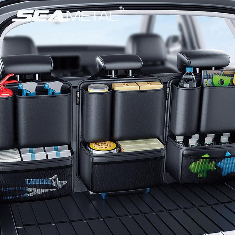 SEAMETAL Leather Car Trunk Organizer Large Capacity Seat Back Storage Bag with 4 Pockets Multifunction Use for Car Trunk SUV