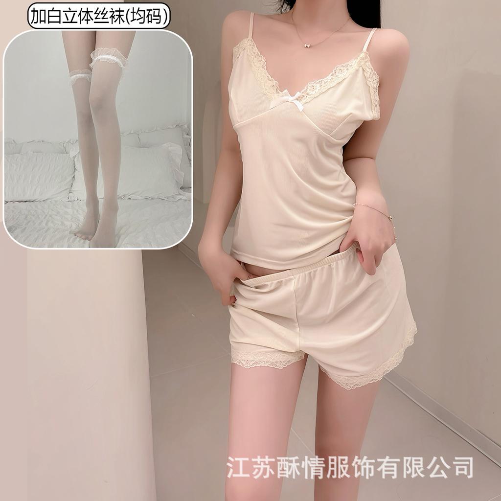 Crispy pajamas women's spring and summer girls' pure desire suspender shorts lace flower sexy pink loungewear set