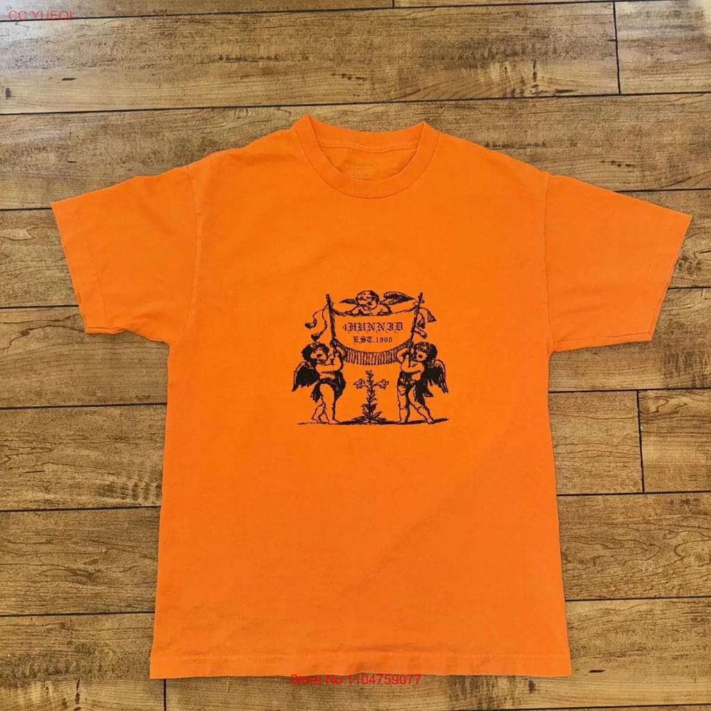 4 Hunnid Angels T Shirt Orange Medium 19x25 5 YG 400 vintage Washed fashion Casual homme Breathable Soft Stretched Versatile