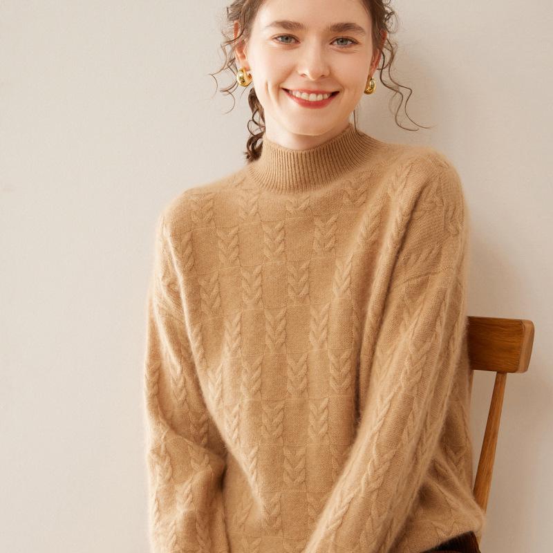 2024 Autumn/Winter Cashmere Sweater: Ladies' Half-High Neck, Wheat Ear Jacquard, Korean-Style Loose Slimming Knitwear