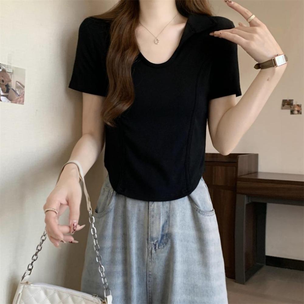V-neck Short Sleeve T Shirt Pullover Flip Neck Blouses Fashion Y2k Crop Tops Women  Woman