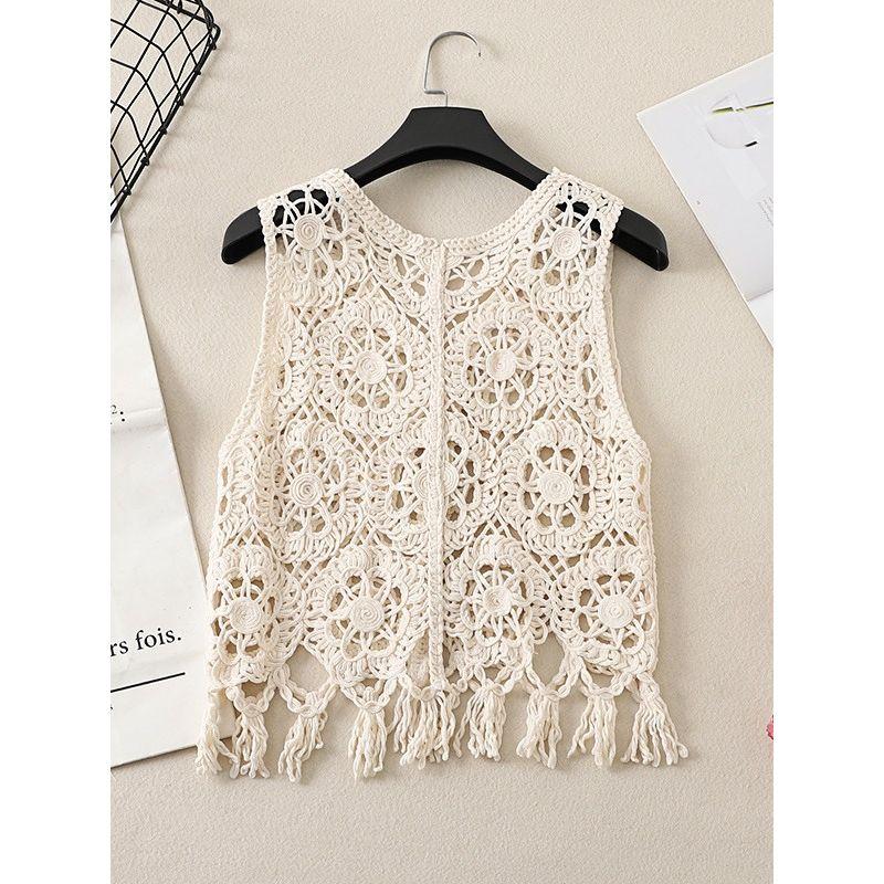 Korean Style Summer New V-neck Small Crochet Hollow Tassel Vest Knit Vest Waistcoat Short Cardigan Women