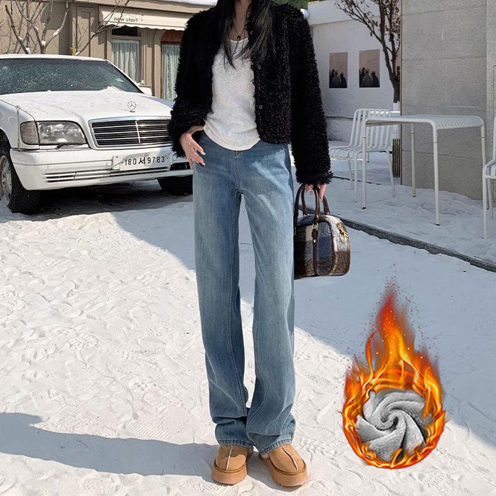 Women's High-Waist Wide-Leg Jeans with Velvet Lining - Autumn/Winter Slim Fit, Thick, and Warm Straight Trousers