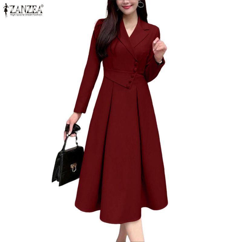 ZANZEA Dámské ležérní šaty s elegantním límečkem a dlouhým rukávem