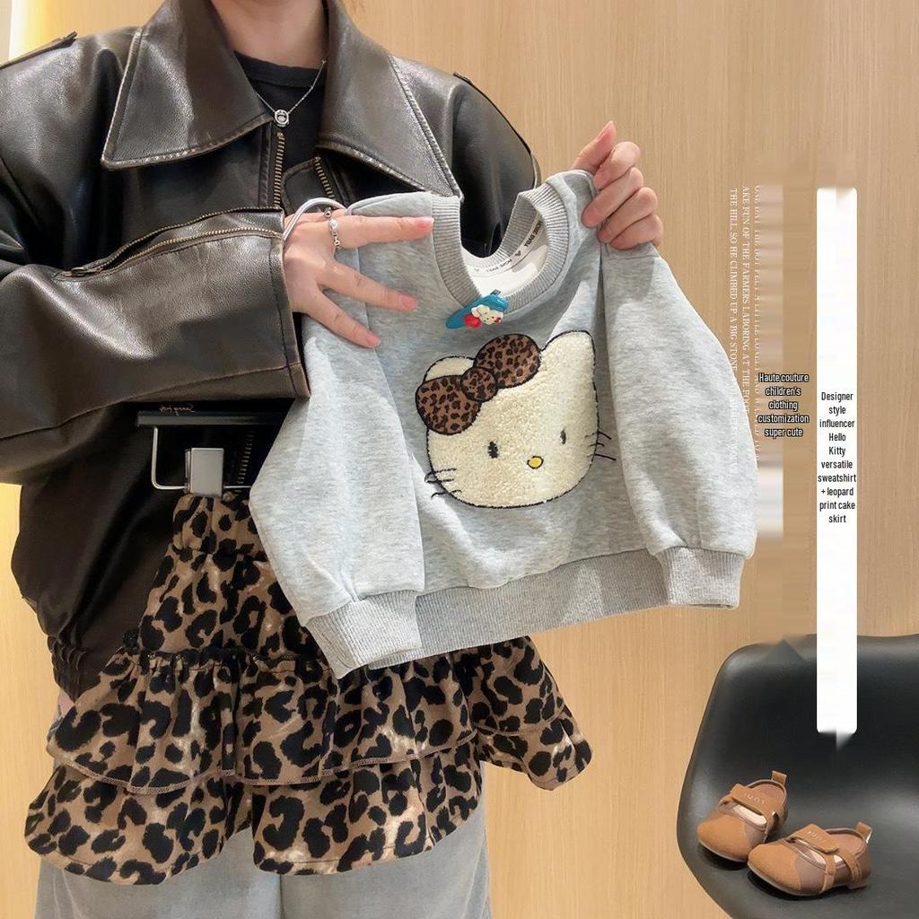 Girls' Autumn Sweatshirt Dress Set: 3D Cartoon Top & Leopard Skirt Two-Piece