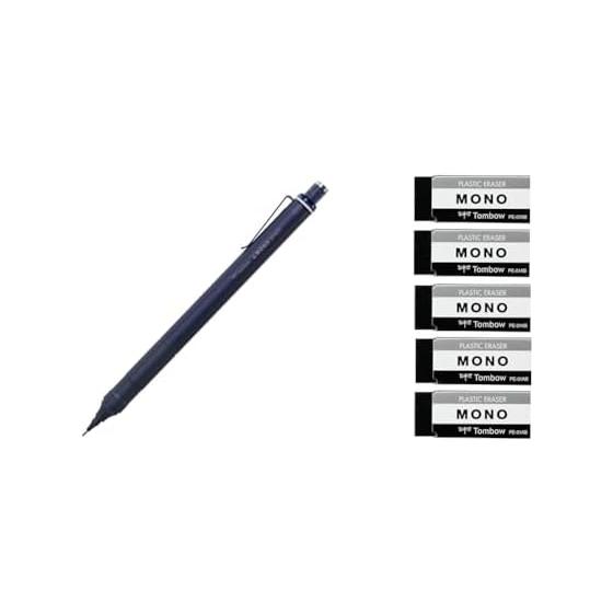 Tombow Pencil Mechanical Pencil 0.5mm MONO Graph Fine Navy DPA-112C with MONO Eraser Black PE01 JCC-561 (5 Pack)