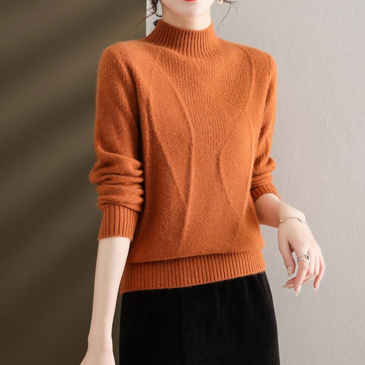 Casual Sweater Women's Solid Color Loose Base Knitted Sweater Autumn and Winter Lazy Style Pullover Sweater Solid Color Loose Half High Neck Sweater