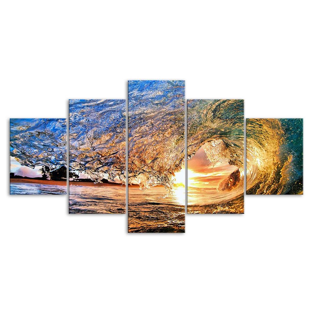 Ocean Wave Sunset Beach Scenery 5 Piece Five Panel Canvas Print Modern Wall Art Poster Home Decor Gift For Him For Her