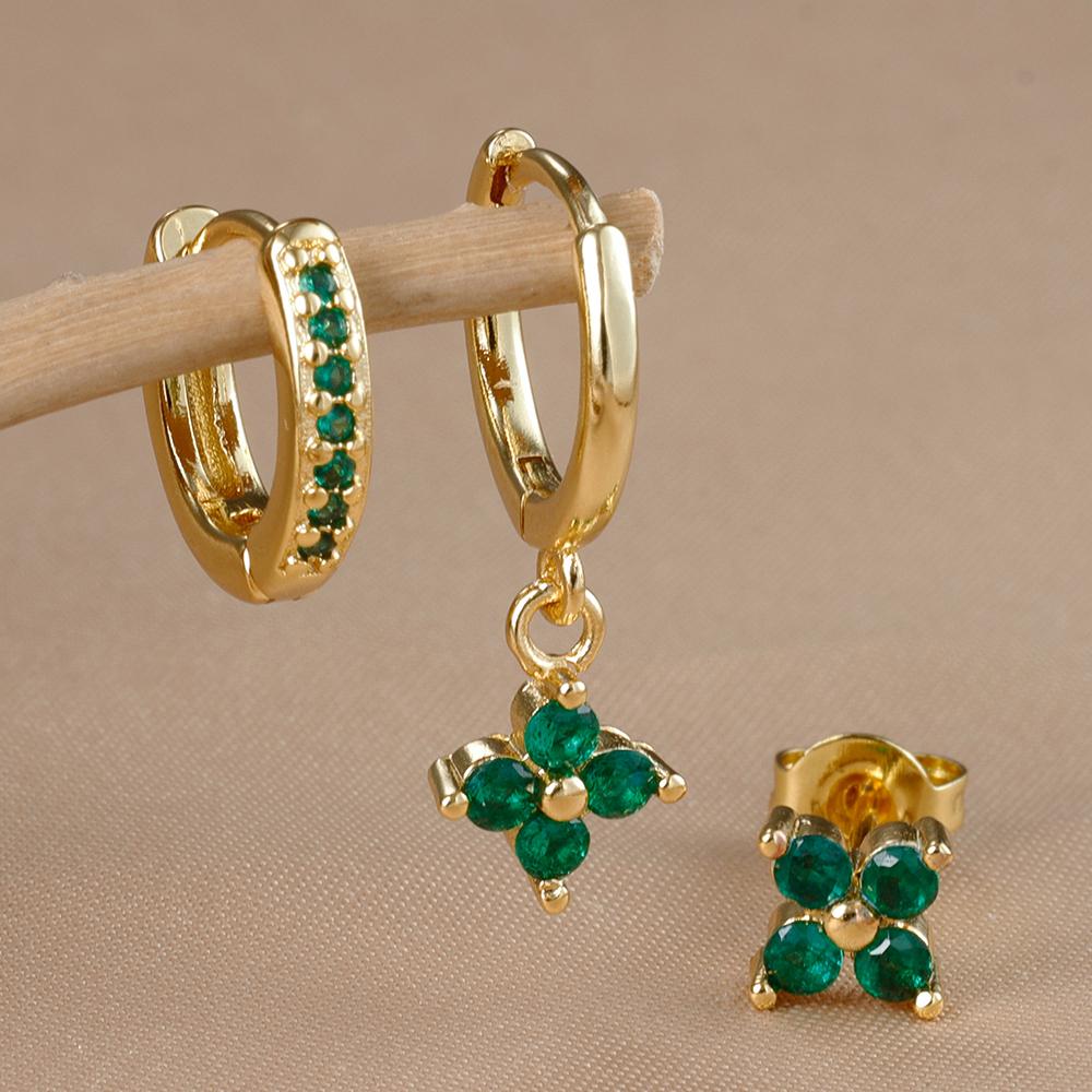 3PCS Fashion Gold Color Crystal Zirconia Drop Earrings Set for Women Stainless Steel Flower Dangle Earring Korean Jewelry aretes