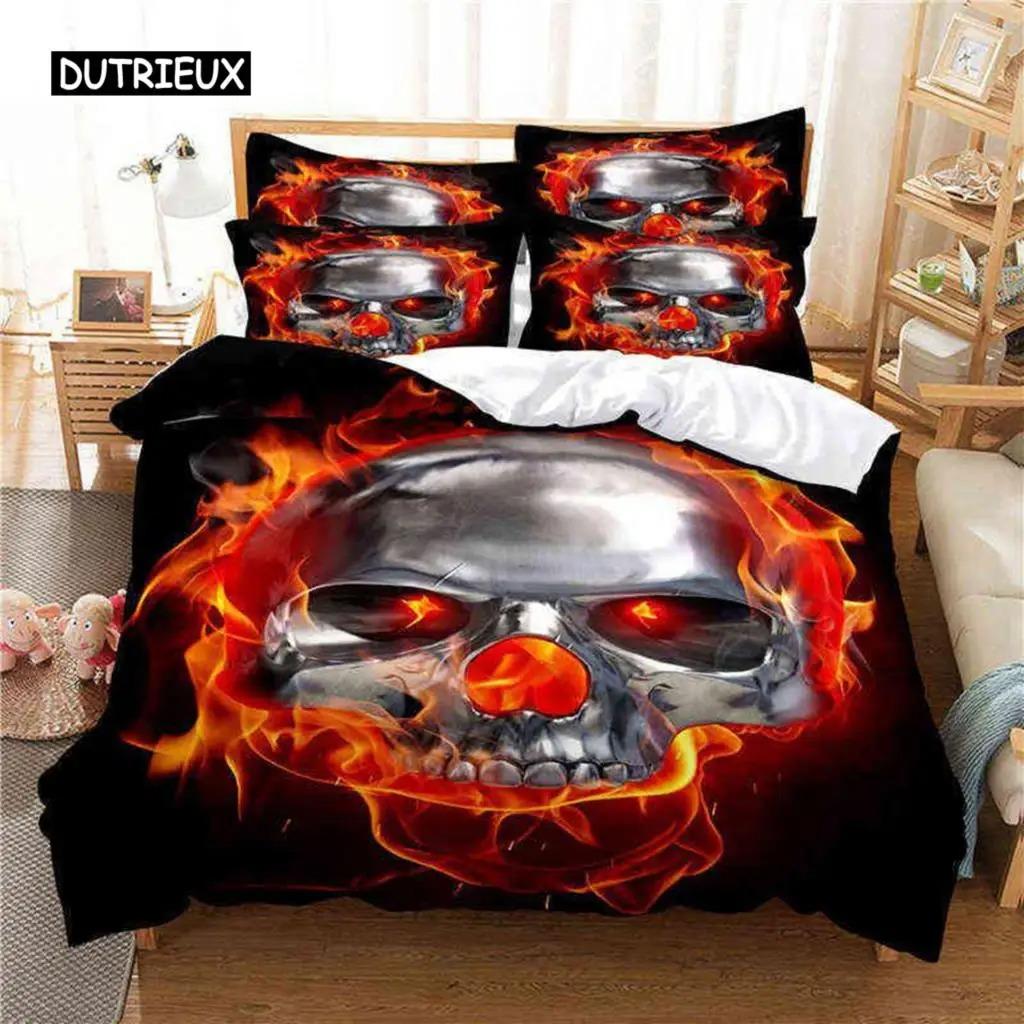 

Orange Fire Skull Duvet Cover Twin Size Microfiber 3D Skull Design Soft Bedding Set for Kids Boys Comfortable Quilt Cover 70x133cm 2pcs