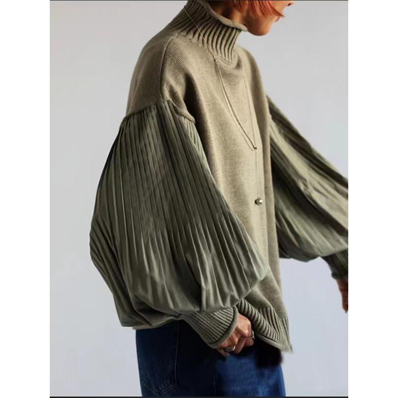 Winter Women Stylish Sweater Turtleneck Patchwork Casual Loose Pullover Lantern Sleeve Ladies' Sweater