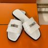 Real Soft Leather Silver Buckle Slippers Women's 2025 Summer New French Lock Flat Bottom Cool Slippers Wear Half Slippers Women