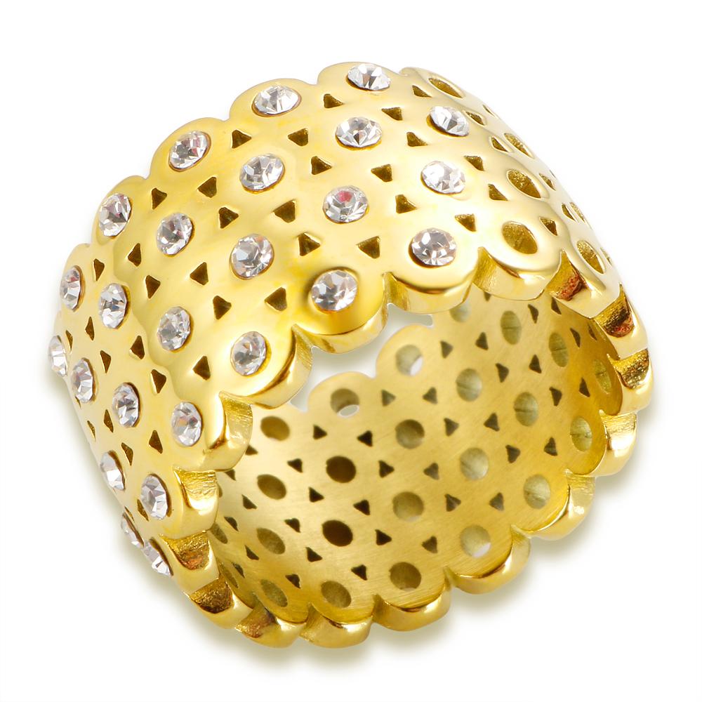 

Горячая Распродажа Кольцо из Нержавеющей Стали Золотого Цвета Для Женщин Мода 12 мм Ширина Кристалл Сетка Полое Отверстие Шарм Кольца Для Пальцев Ювелирные Изделия 6