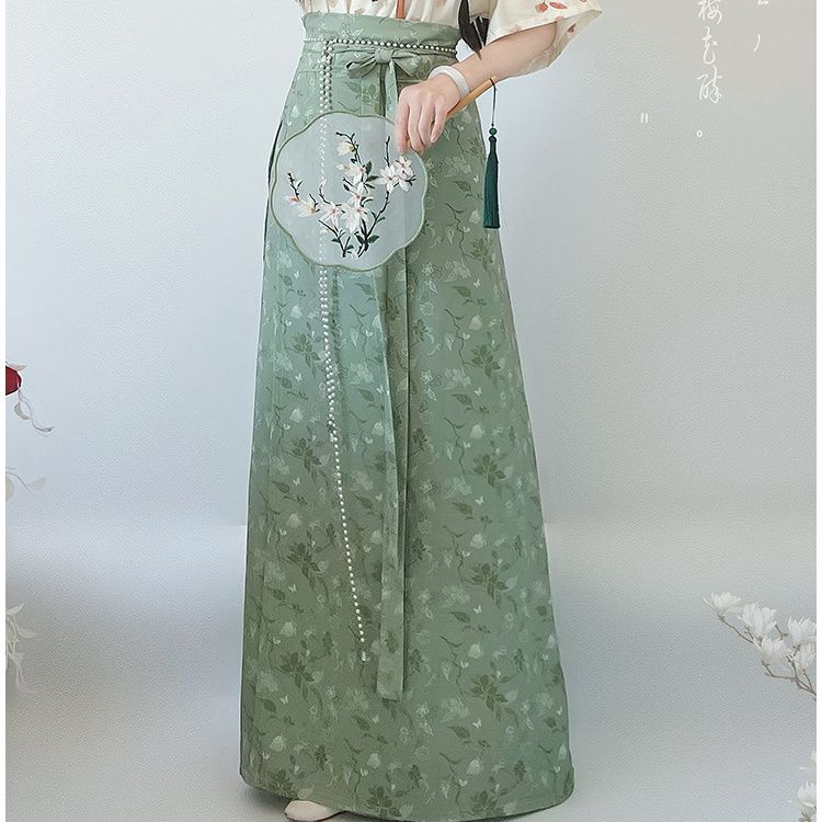 Chinese Song Dynasty Style Hanfu For Women, Printed Improved Crew Neck Shirt And One-piece Skirt Daily Suit