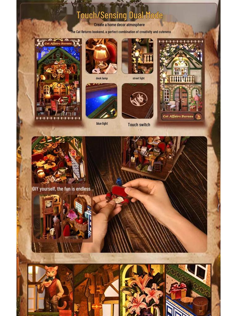 Cat's Gratitude 3D DIY Bookend House Model Toy