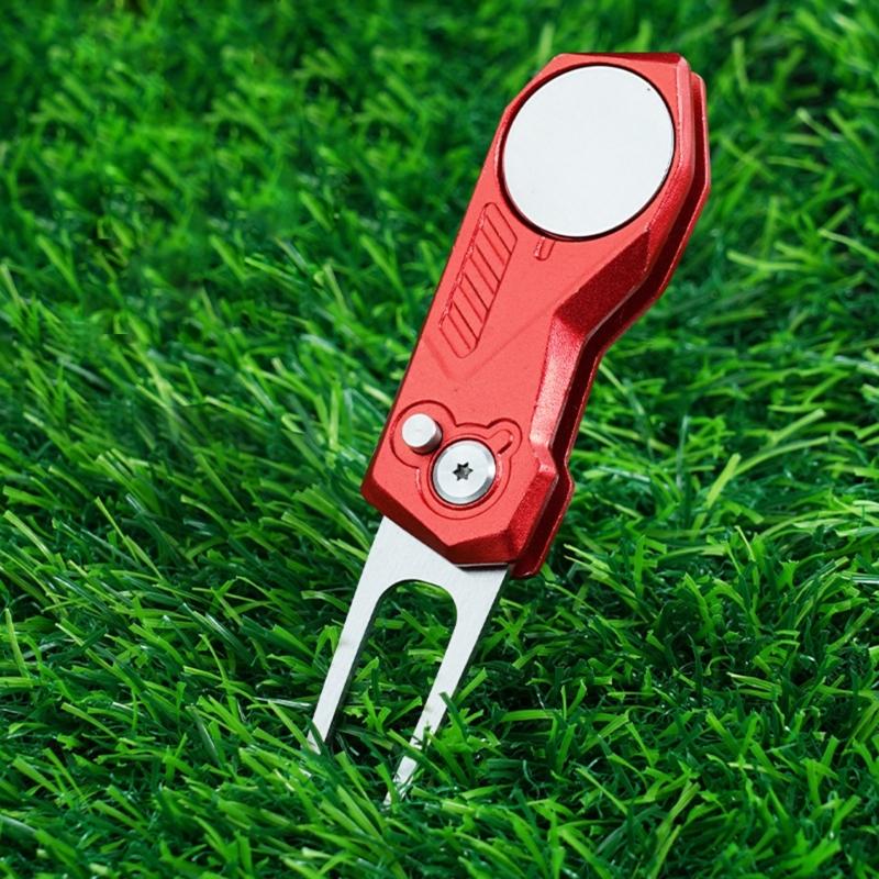 Golf Divot Repair Tool with Popup Button Mini Golf Divot Tools Foldable Golf Green Fork Golf Magnetic Marker Pitch Mark