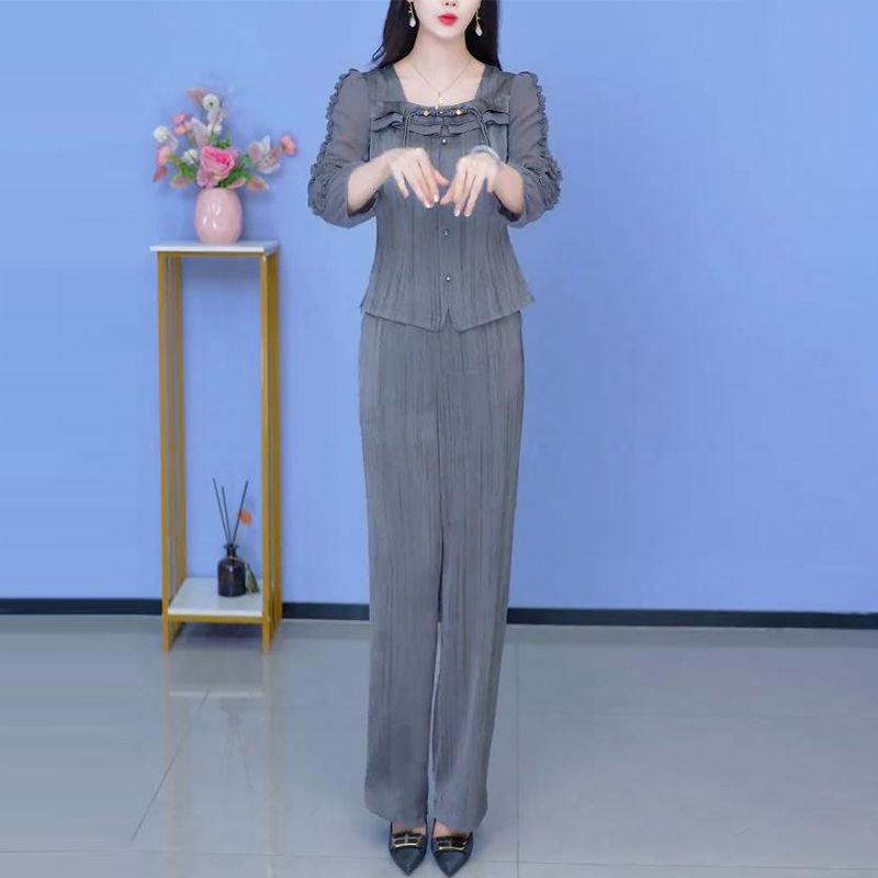 Chic Early Spring Seven-Sleeve Two-Piece Women's Set: 2025 Luxury Wide-Leg Pants & Top