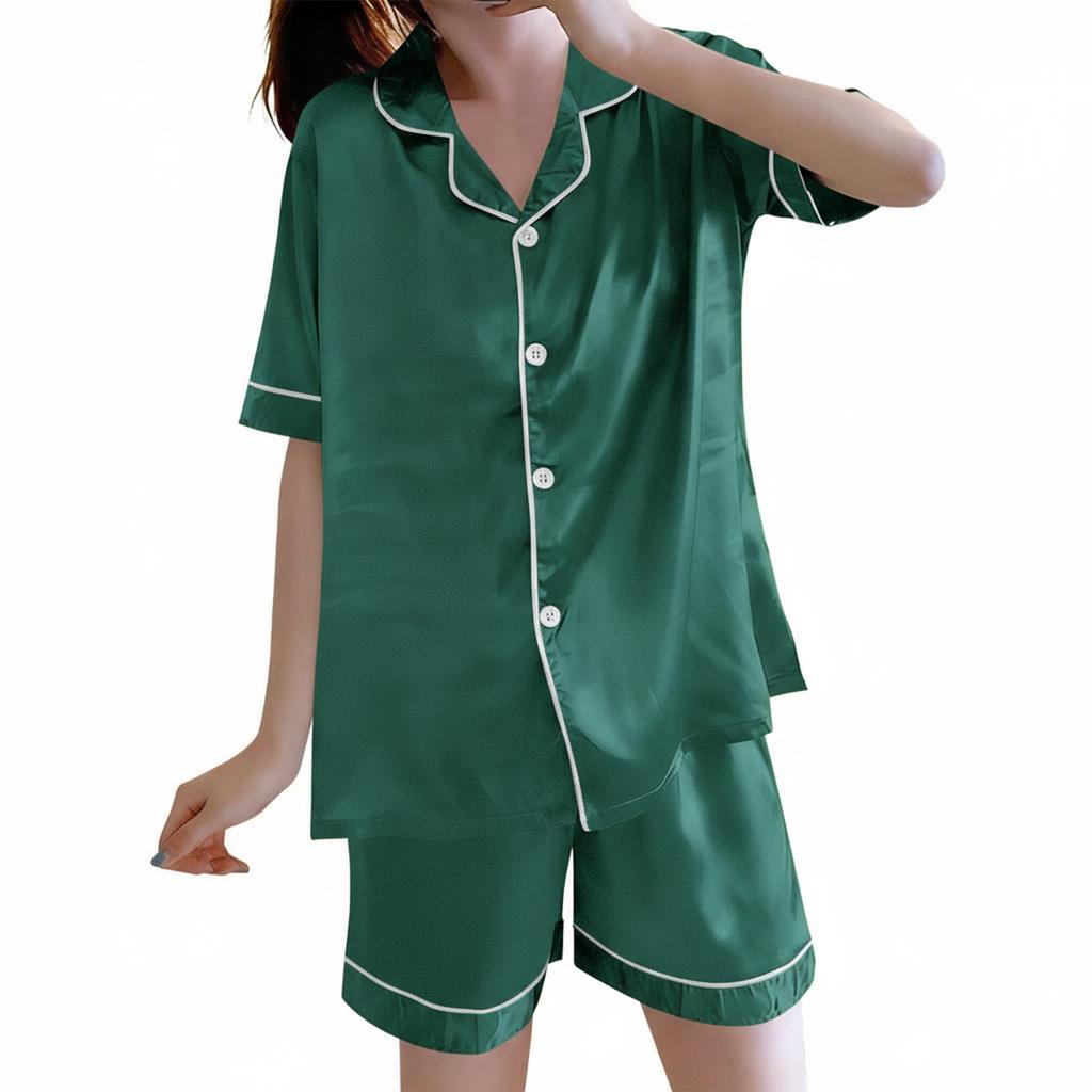 Set Pigiama Estivo da Donna a Maniche Corte con Bottoni, Collo a Tacca, Imitazione Seta, Leggero, per la Casa