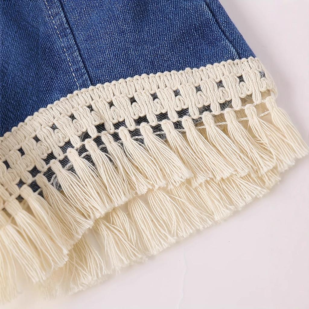 Baby Girl Fashion Fringe Striped Sleeveless Top And Denim Shorts Set Sweet Cute Thin Summer Clothing Two Piece Outfit