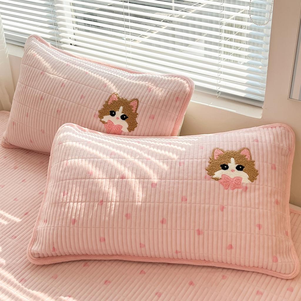 Thickened Milk Fleece Bed Four-Piece Bed Cover Cartoon Towel Embroidered Bed Sheet Quilt Cover Plush Bedding