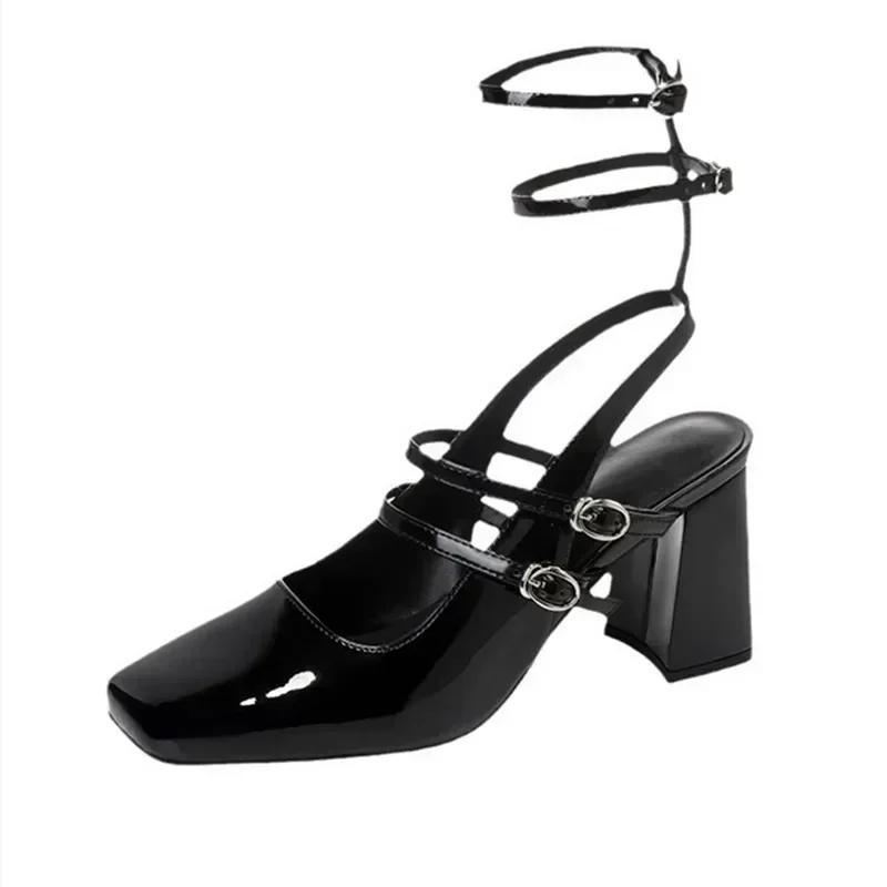 Fashion Luxury Designer Women's Sandals Sexy Ankle Strap Buckle Square Toe Chunky High Heels Black Summer Black Elegant Slingback Pumps
