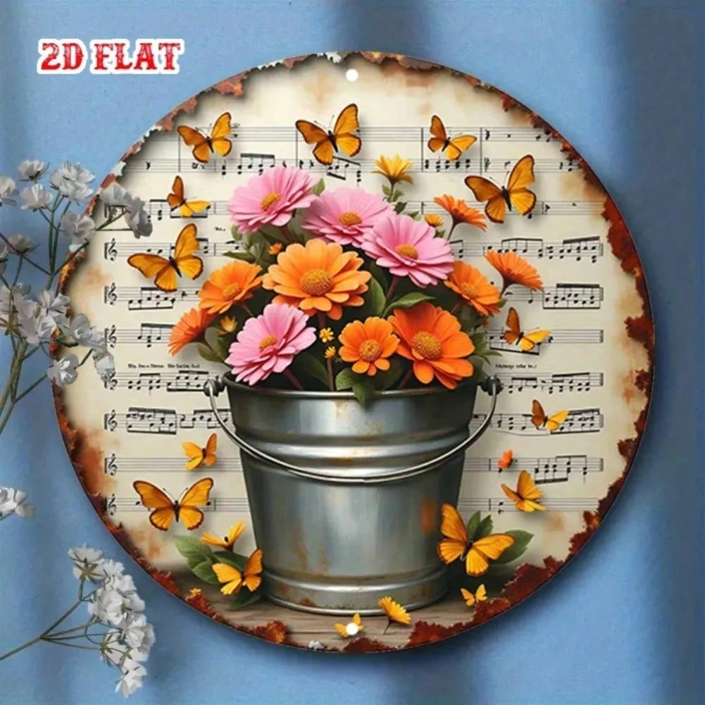 Metal Wall Art Music Note Sign Rustic Farmhouse Decor Tin Round Orange Pink Flowers Antique Sheet Music