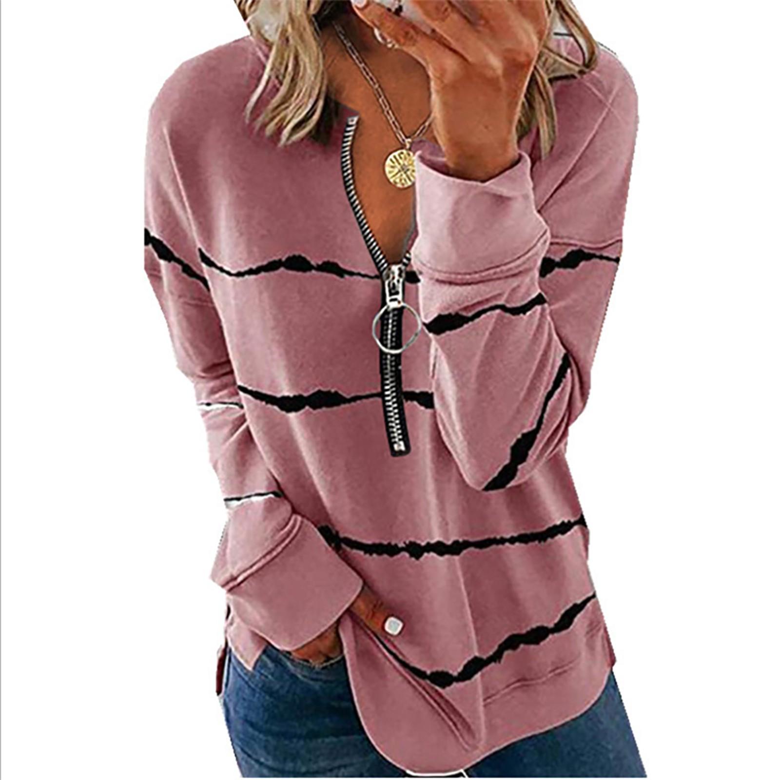 

Women Casual Pringting Stripe Zipper Long Sleeve Casual Blouse Tops Shirts XXXL розовый