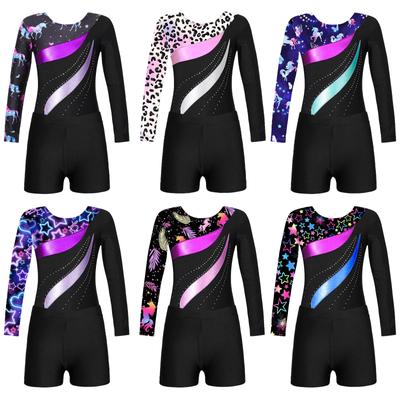 Skating Dance Gymnastics Costume Kids Girls Round Neck Long Sleeve Leotard Jumpsuit and Shorts
