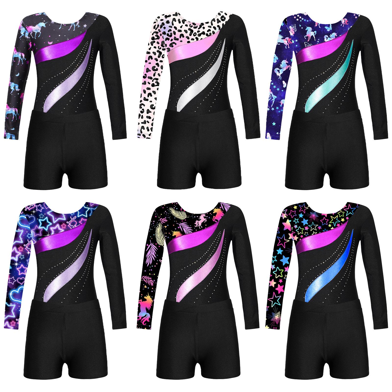 Costume de gymnastique de danse de patinage pour enfants, combinaison justaucorps à manches longues et col rond pour filles 3-4 Years noir/violet