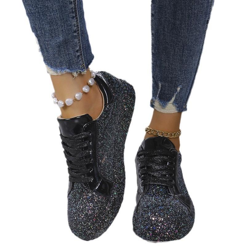 Large size sequined casual fashion single shoes women's front lace-up flat bottom round head low-top sneakers women's