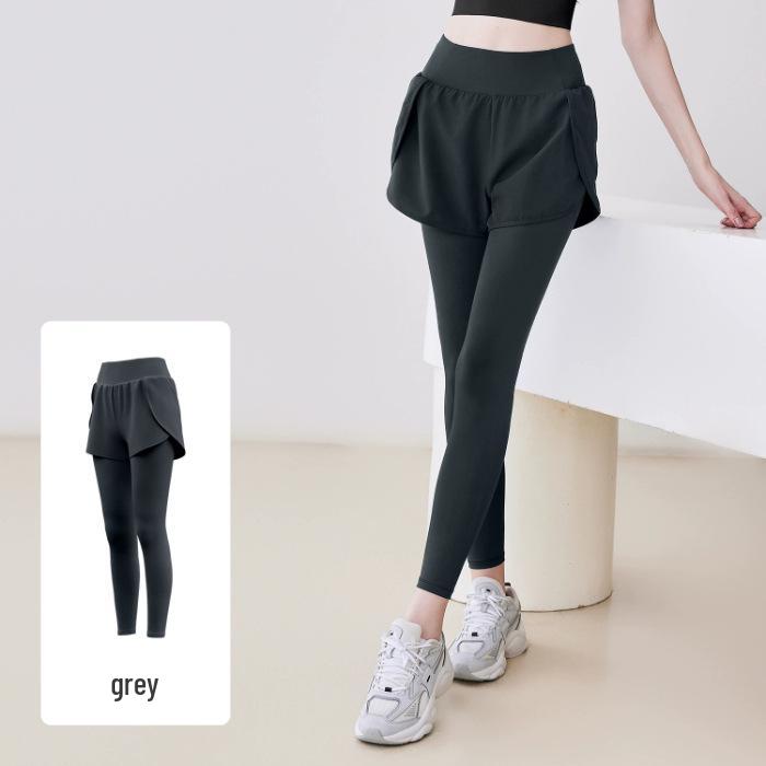 

Women s Faux Two-Piece High Waist Yoga Pants with Pockets - Elastic Hip-Lifting Fitness Tights S
