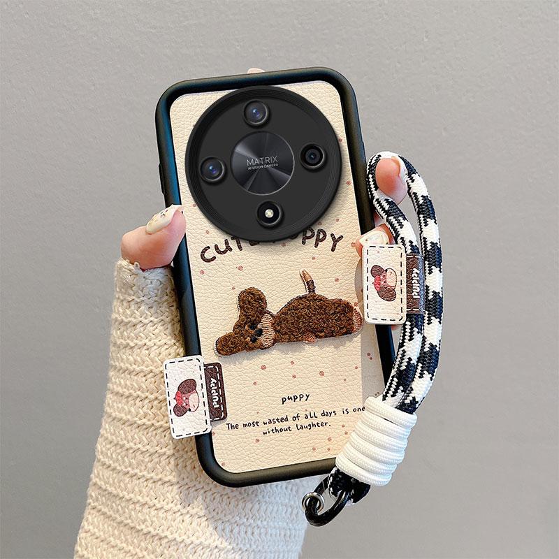 KEYSION Cartoon Cute Plush Embroidery Case for HONOR X9b 5G with Lanyard Shockproof Phone Back Cover for Huawei Magic 6 Lite 5G