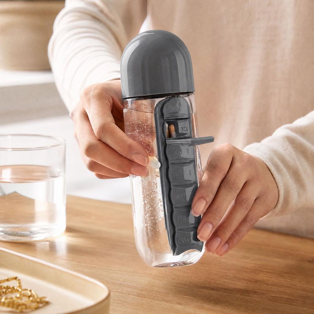 7 Day 2-in-1 Portable Bottle with Case Cup for Outdoor Travel and Daily Use