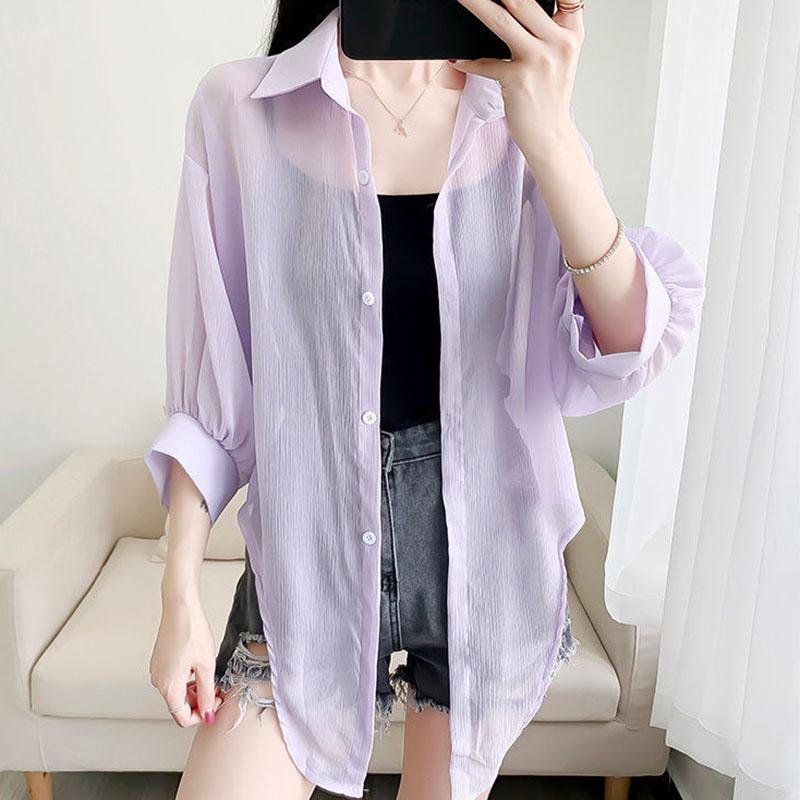 Chiffon Doll Sleeve Cardigan Women's Thin Sun Protection Shirt Short Outer Shawl Loose Top Thin Coat White Polo Collar Shirt