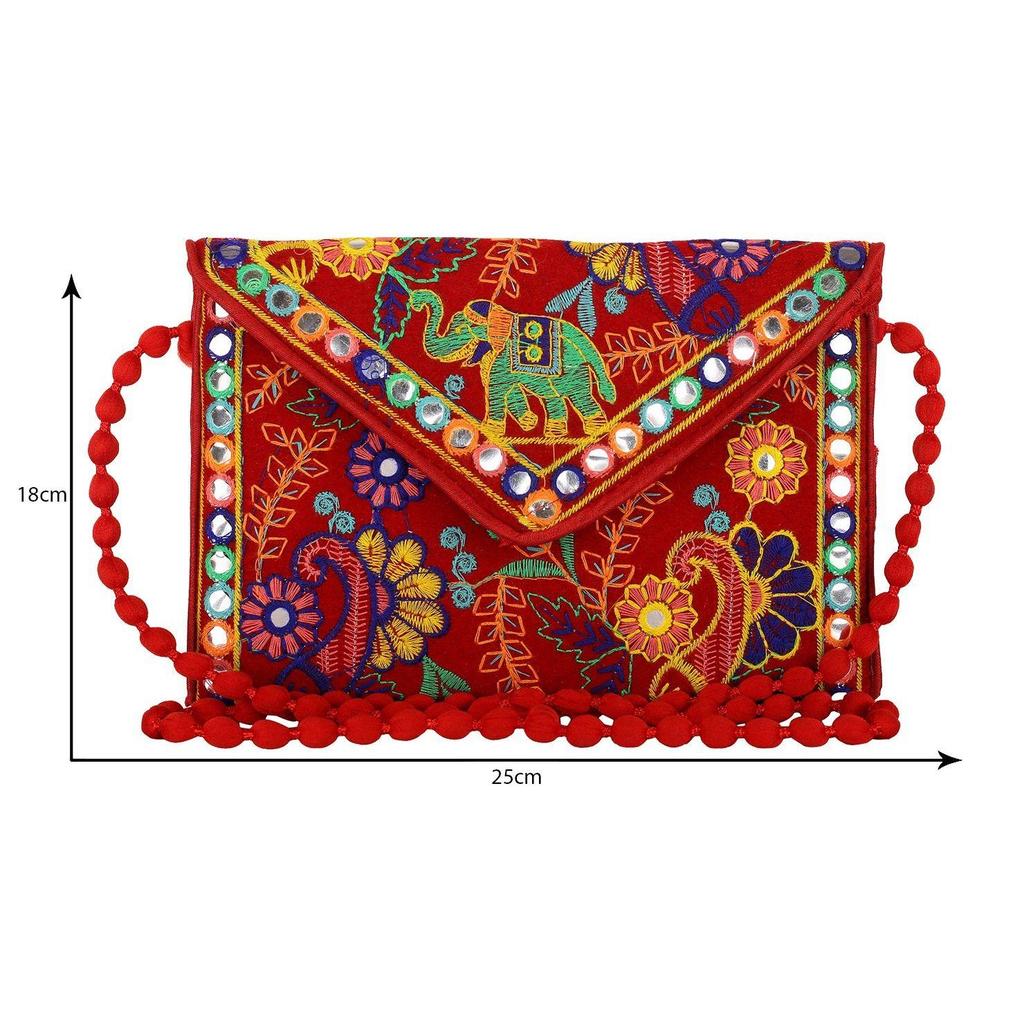 Clutch Bags Handmade Embroidery Mirror Work Stylish Sling Bags for Women Cross Body Bags for Ladies and Girls - 22X16 Cm